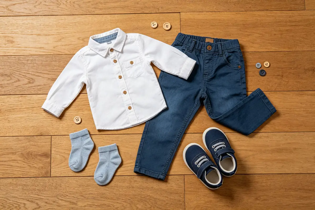 Flat lay of toddler clothing including small shirt, pants, socks, shoes, and buttons on wooden floor