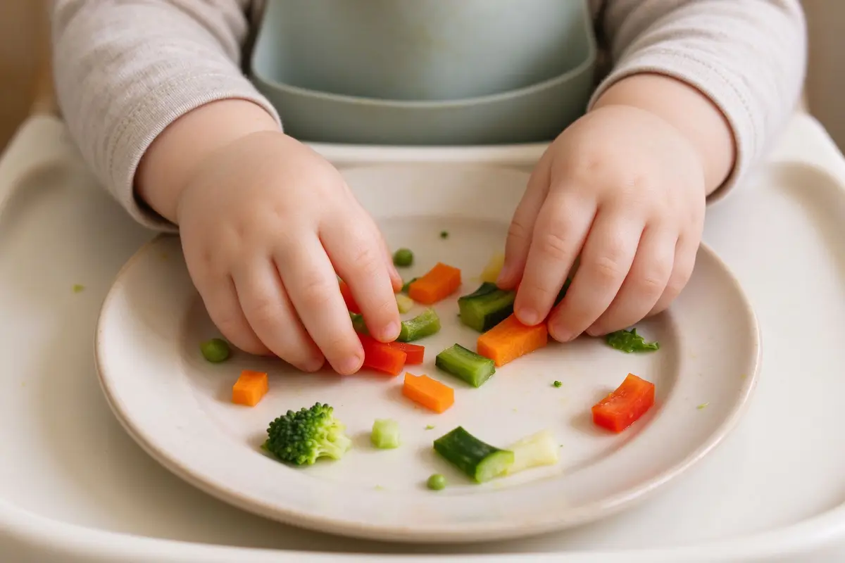 Close-up of toddler hands picking up colorful vegetable pieces from a white plate, exploring food