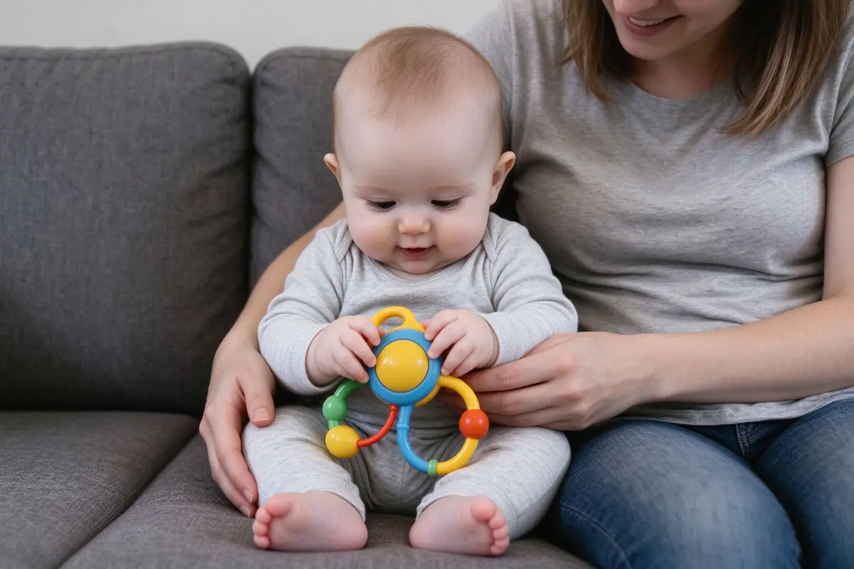 A baby sitting supported by a parent on a sofa, playing with a toy