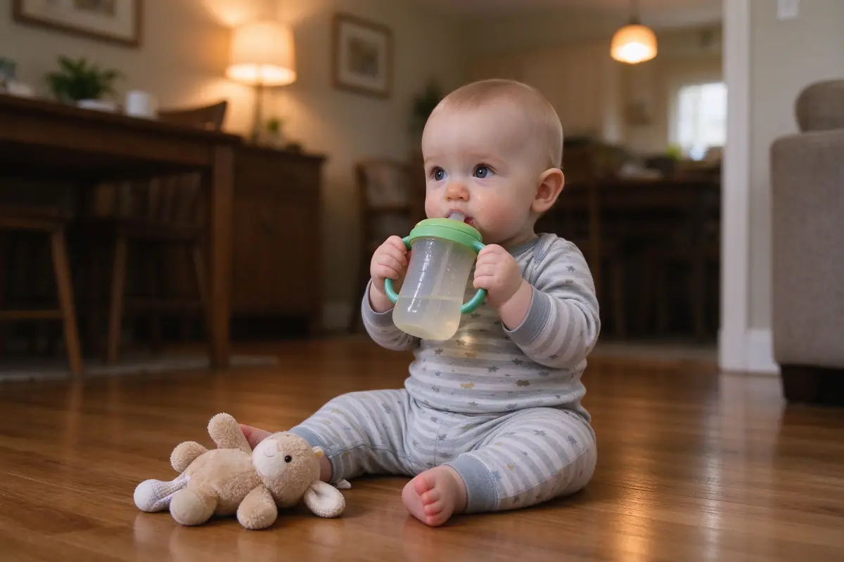 12 month old baby drinking from a sippy cup on a wooden floor, soft toy nearby