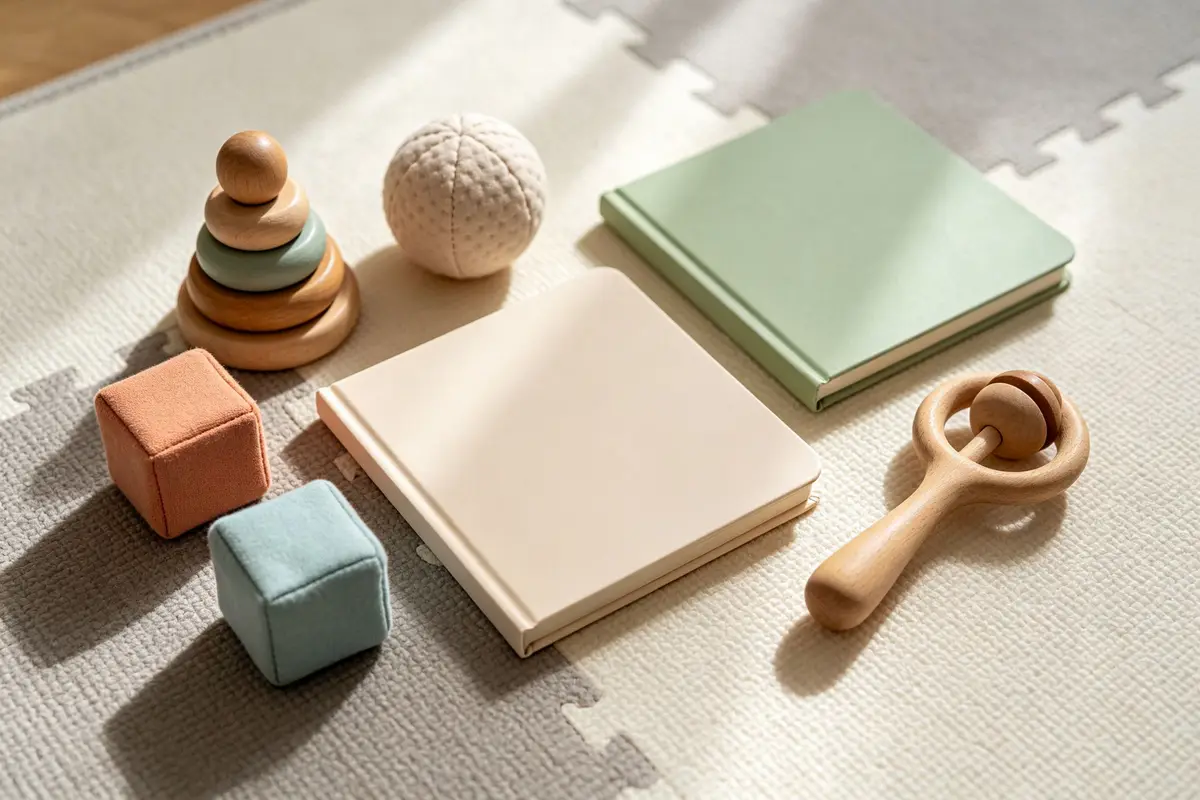 Baby developmental toys including wooden stacking rings, soft blocks, and board books