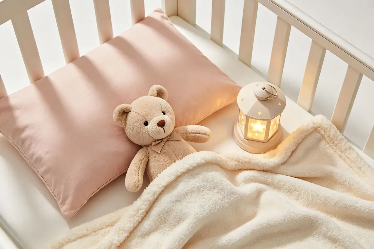 Toddler bedding essentials including soft pillow, cozy blanket, stuffed animal, and nightlight in a toddler bed