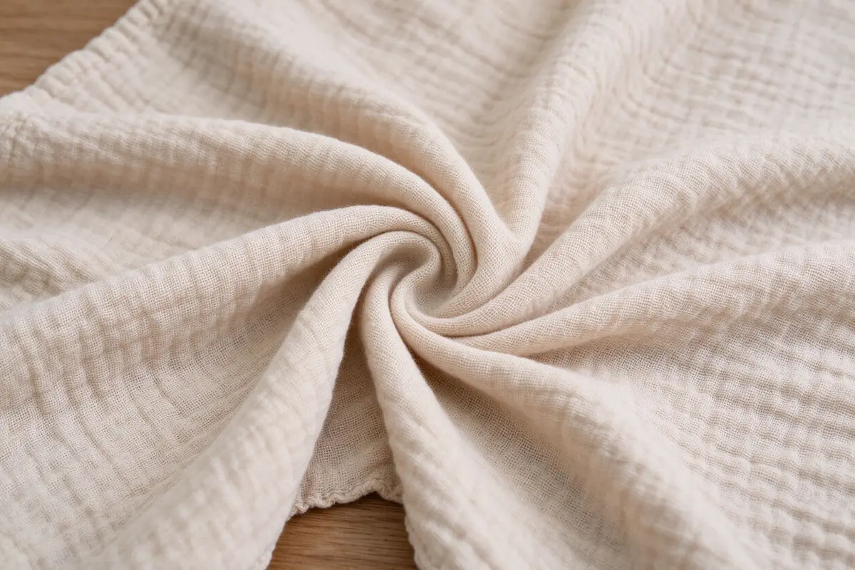 Close-up of soft organic muslin swaddle fabric draped on wooden surface, natural folds