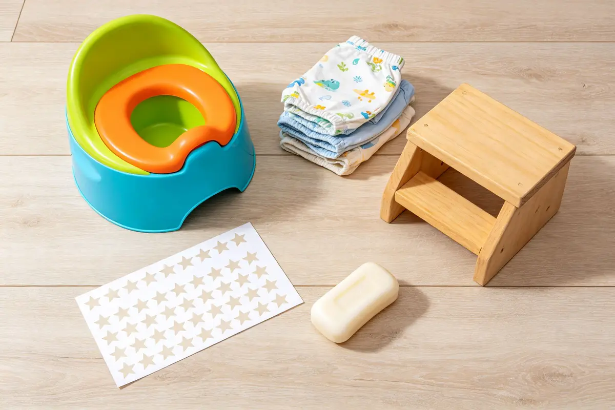 Potty training essentials including colorful potty chair, training pants, step stool, star stickers, and soap on wooden floor