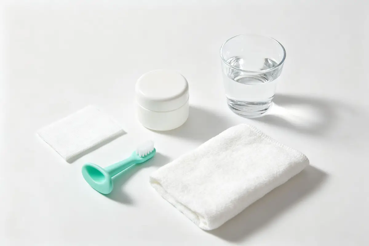 Baby oral care essentials including gauze pads silicone finger toothbrush plain jar washcloth and glass of water on white surface