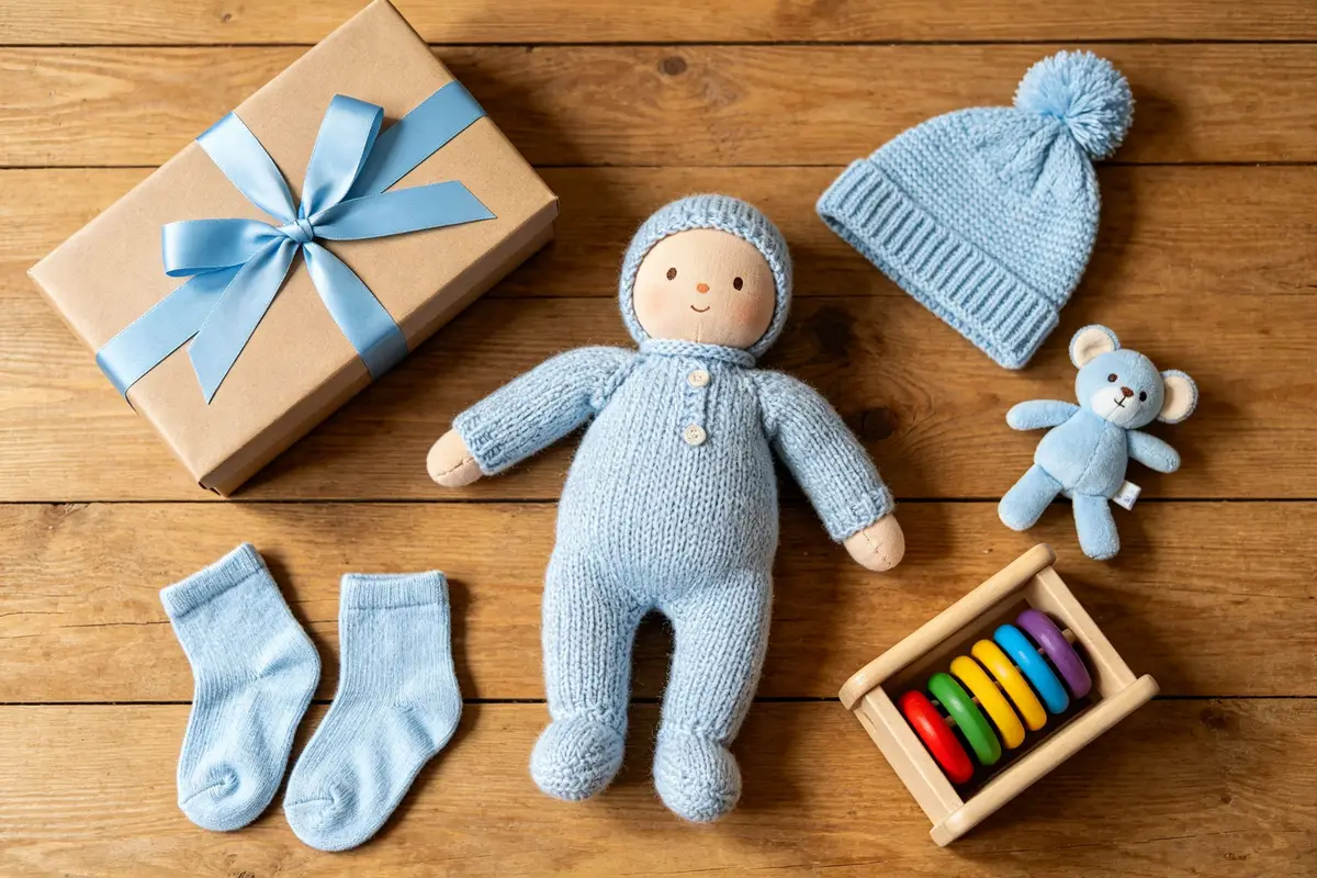 New sibling preparation items including gift box, knitted doll, baby clothes and wooden toy on wooden surface