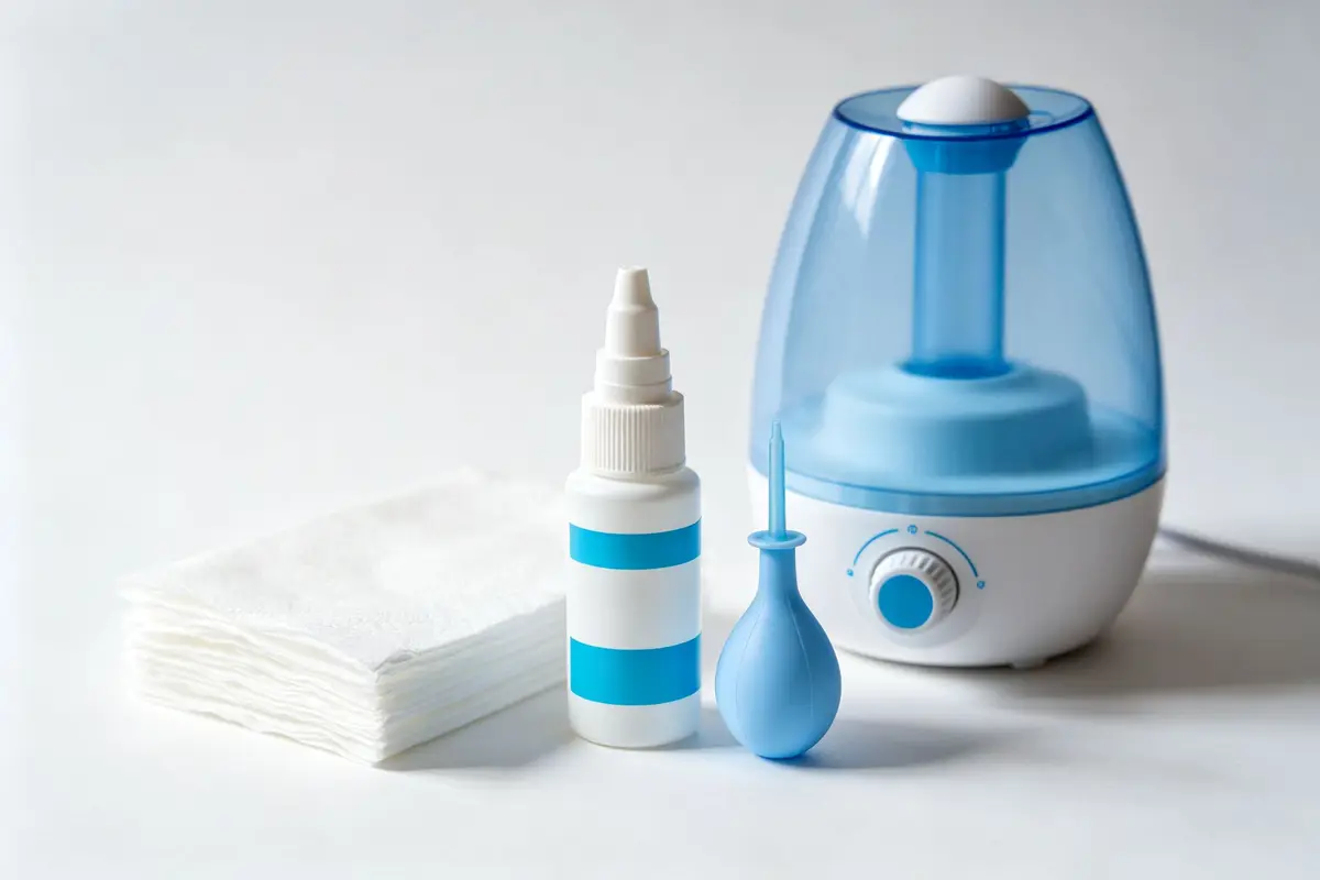 Baby nasal congestion relief items saline spray bulb syringe humidifier soft tissues on white surface