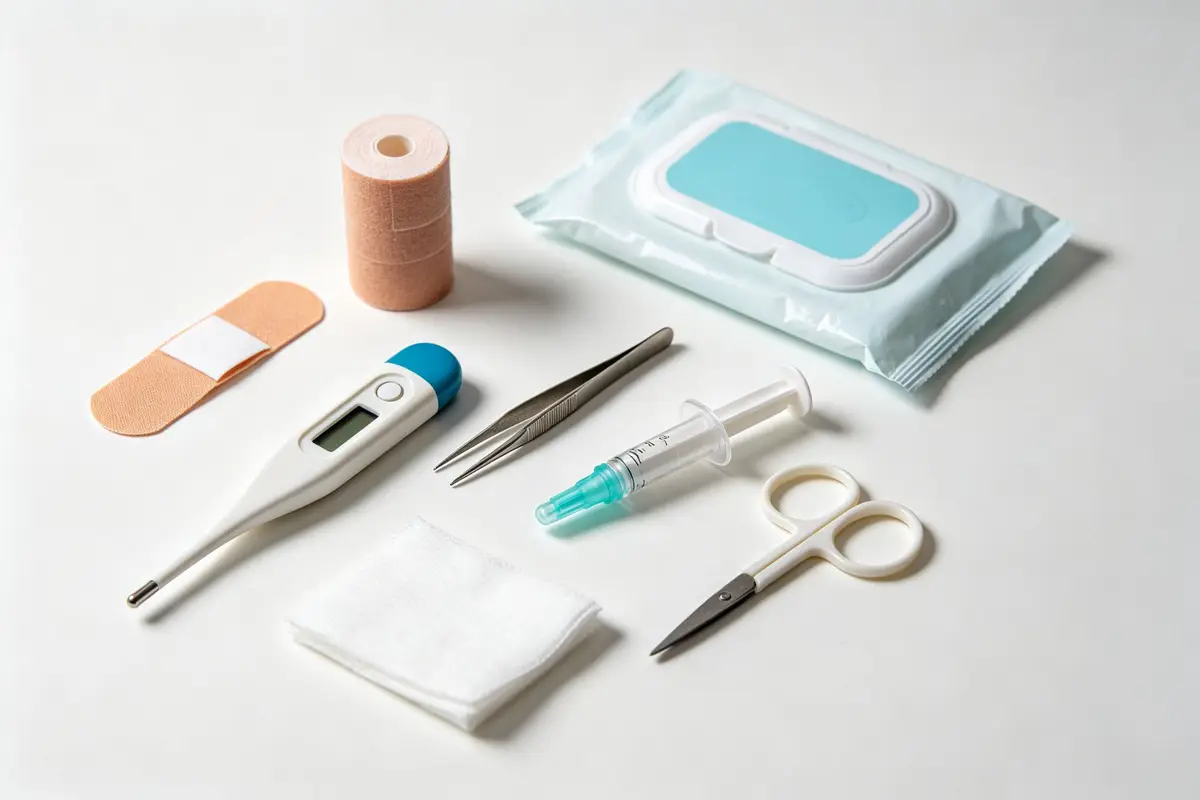 Baby first aid medical supplies including thermometer, bandages, tweezers, and scissors
