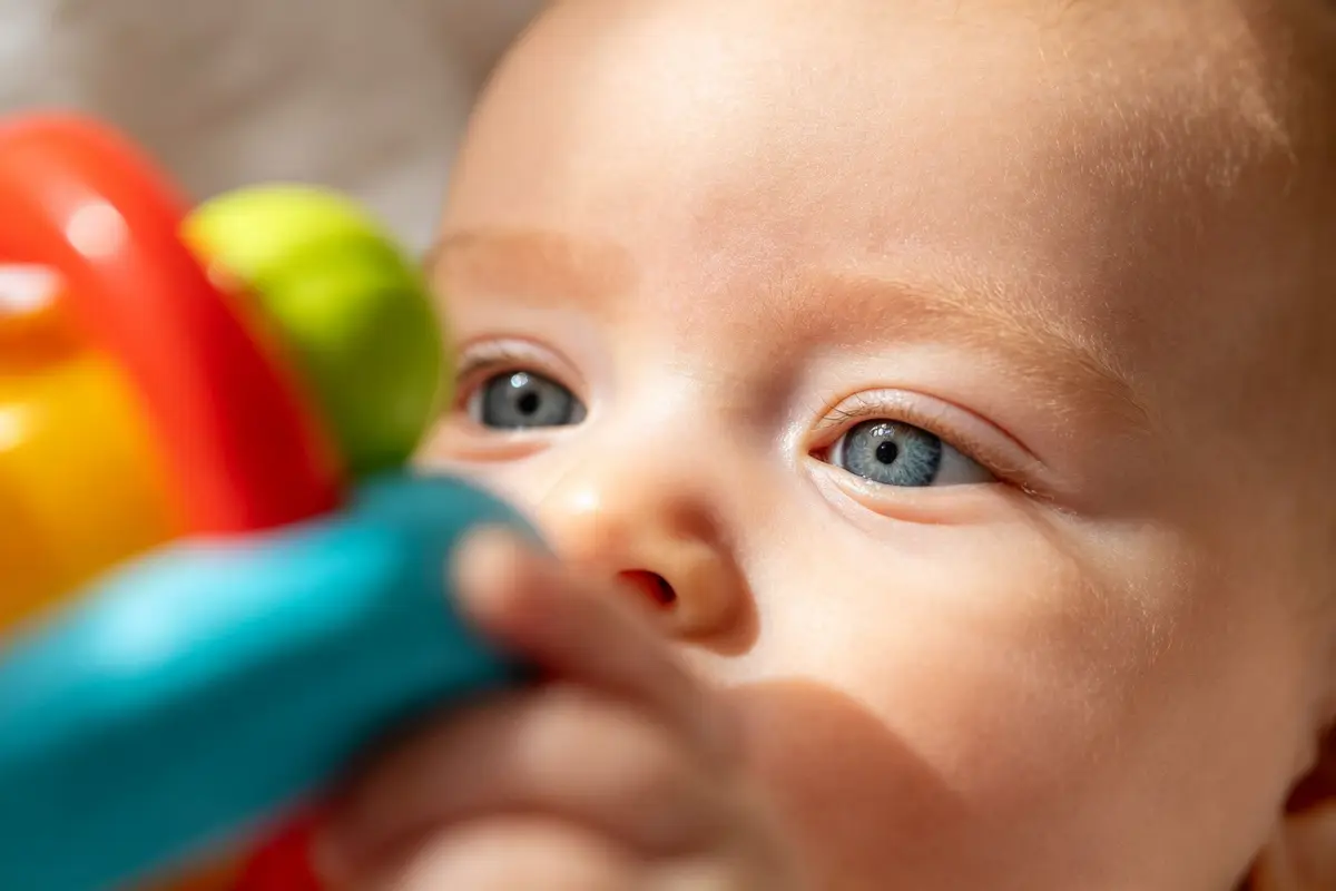 Close-up of baby's eyes looking at a colorful rattle toy, soft focus background, warm natural light