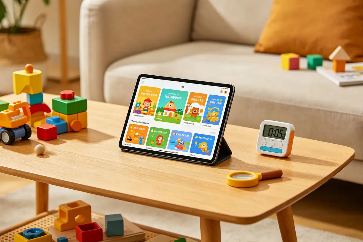 A tablet on a living room table with a timer beside it, colorful content on screen, and toys around