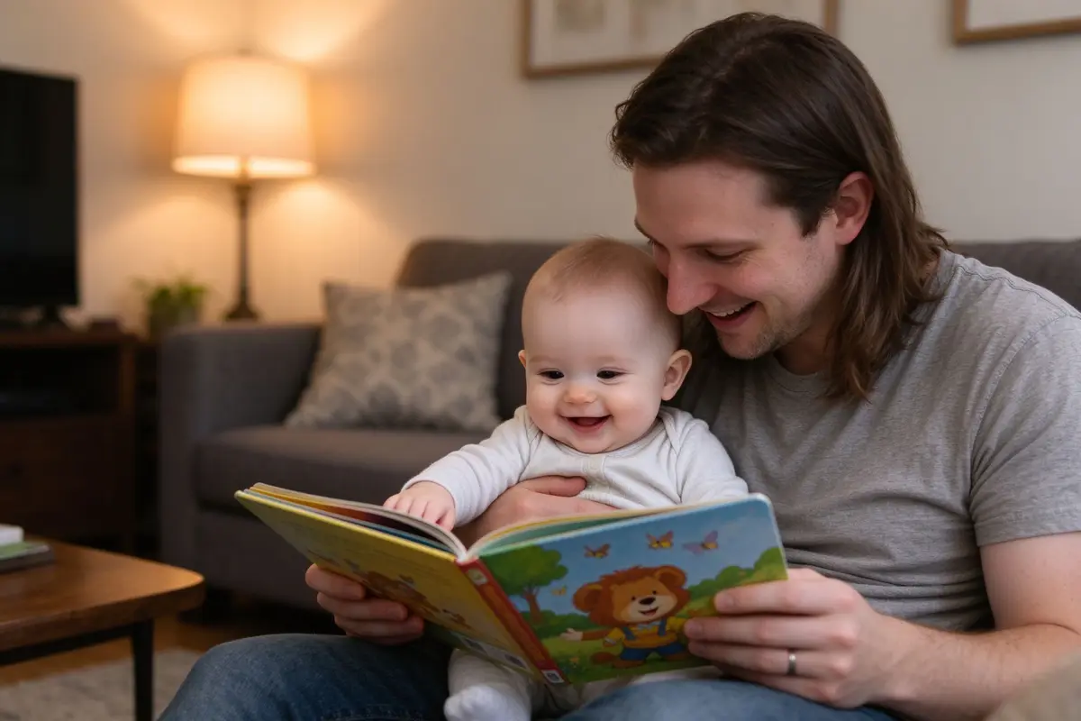 A parent reading a picture book to a smiling baby, warm living room