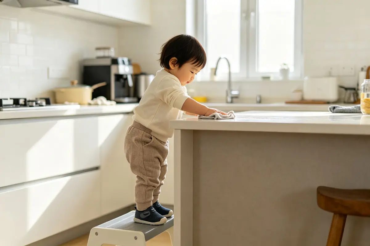 A toddler standing on a step stool at a kitchen counter helping to wipe the surface with a small cloth, bright kitchen