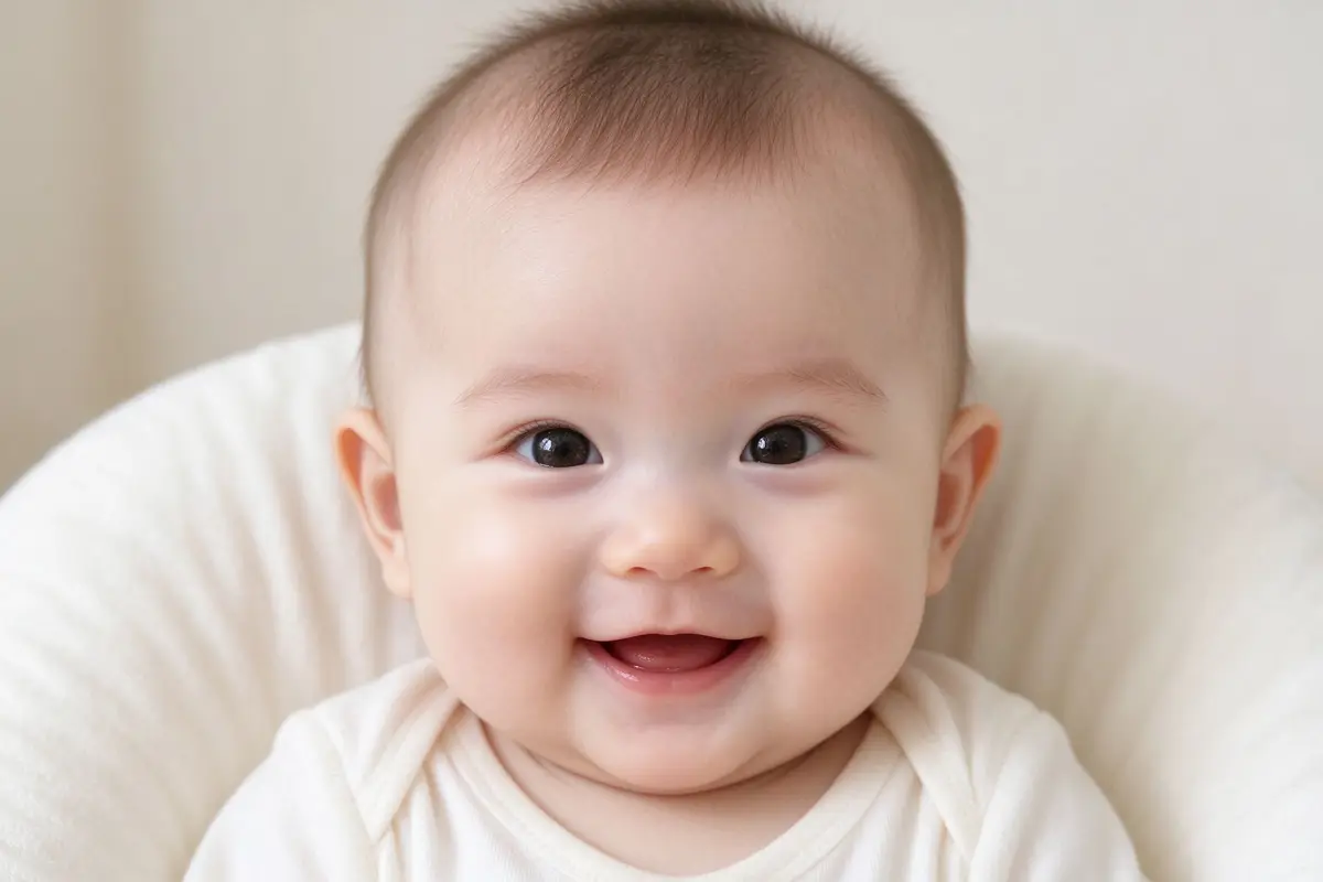 Close-up of a cute baby with a fresh first haircut, short soft hair, smiling