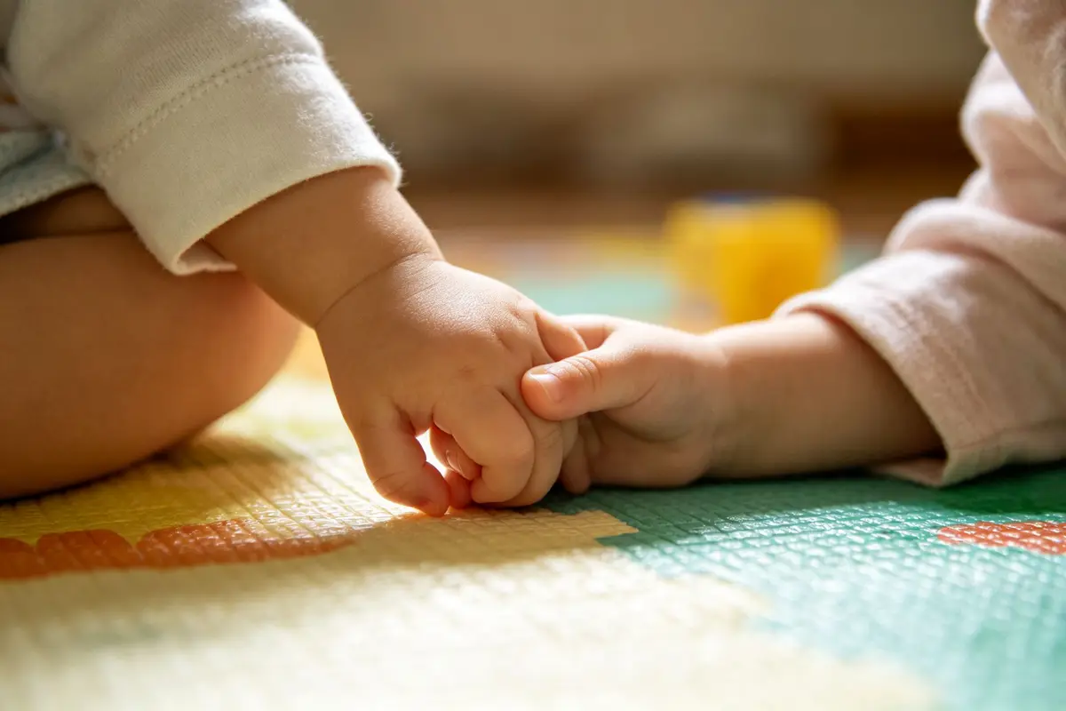 Close-up of two toddlers' hands holding hands on a play mat, soft focus, warm light