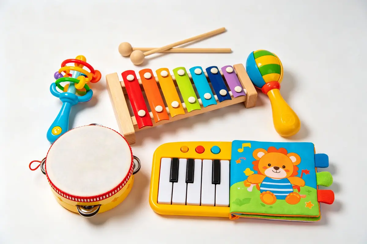 Baby musical toys xylophone drum piano on white