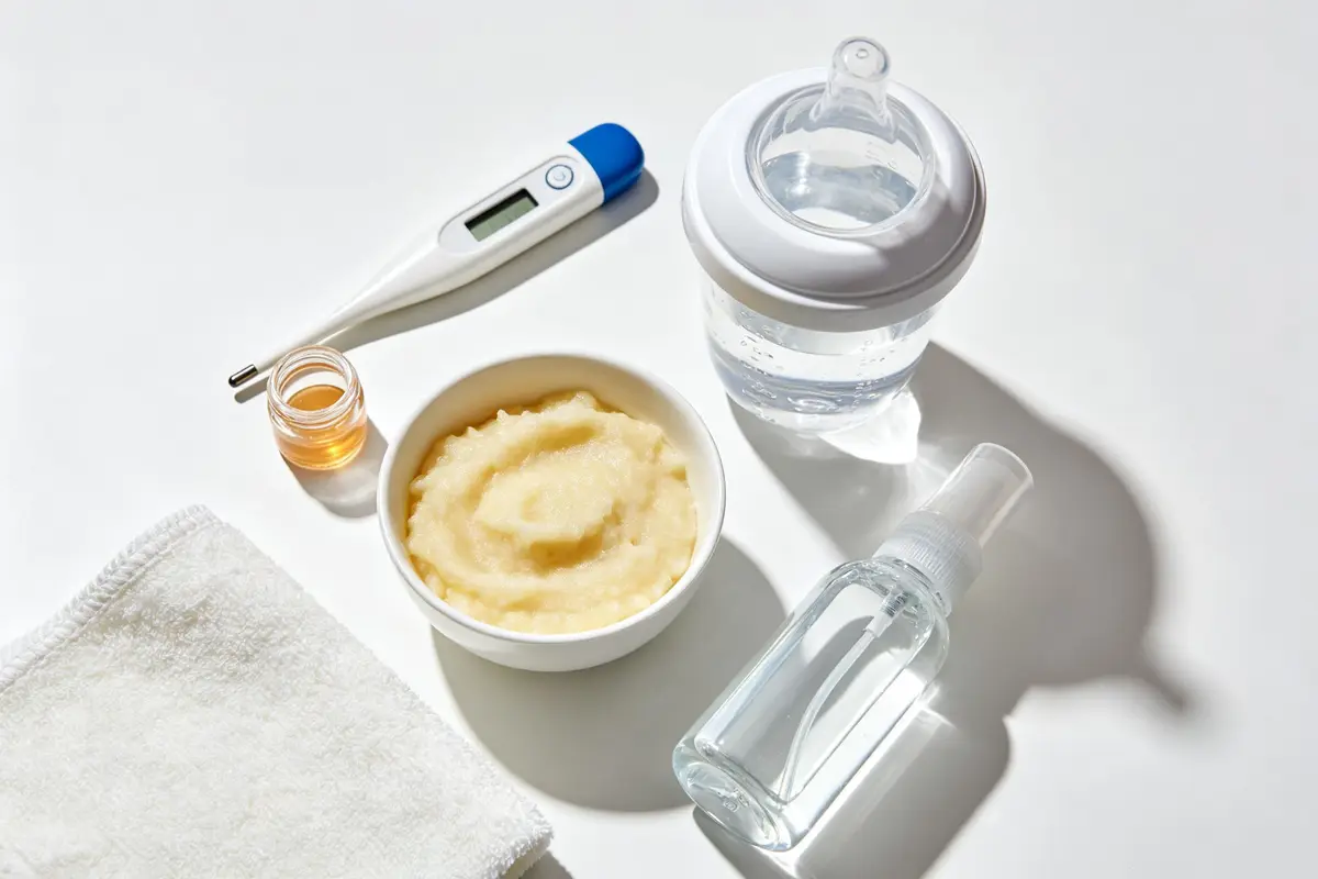 Baby illness recovery care essentials including thermometer sippy cup soft food oral gel hand sanitizer and washcloth on white surface