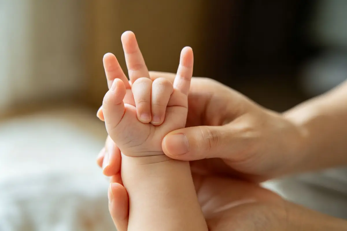 Close-up of a baby's hands making a sign gesture with mother's hands gently guiding, soft focus background, warm natural light