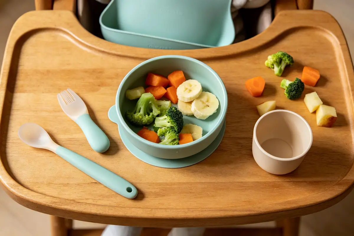 Baby self-feeding essentials including silicone suction bowl, spoon, bib and finger foods on high chair tray