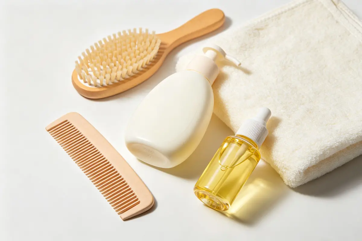 Baby hair care cradle cap items soft baby brush comb shampoo moisturizing oil towel on white surface