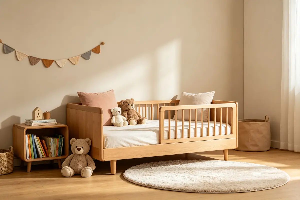 Modern toddler bedroom with wooden bed safety rail stuffed animals books soft rug