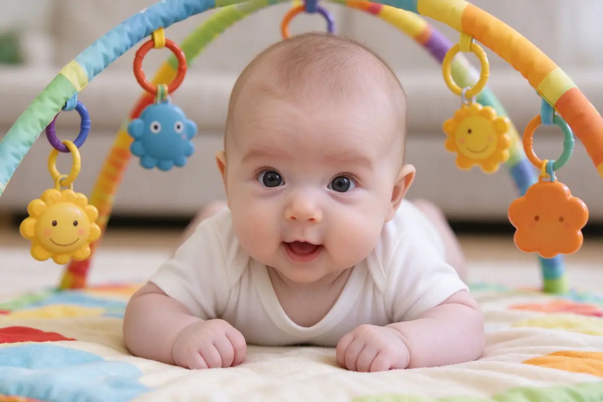 Close-up of baby doing tummy time on a colorful play mat, reaching for toys