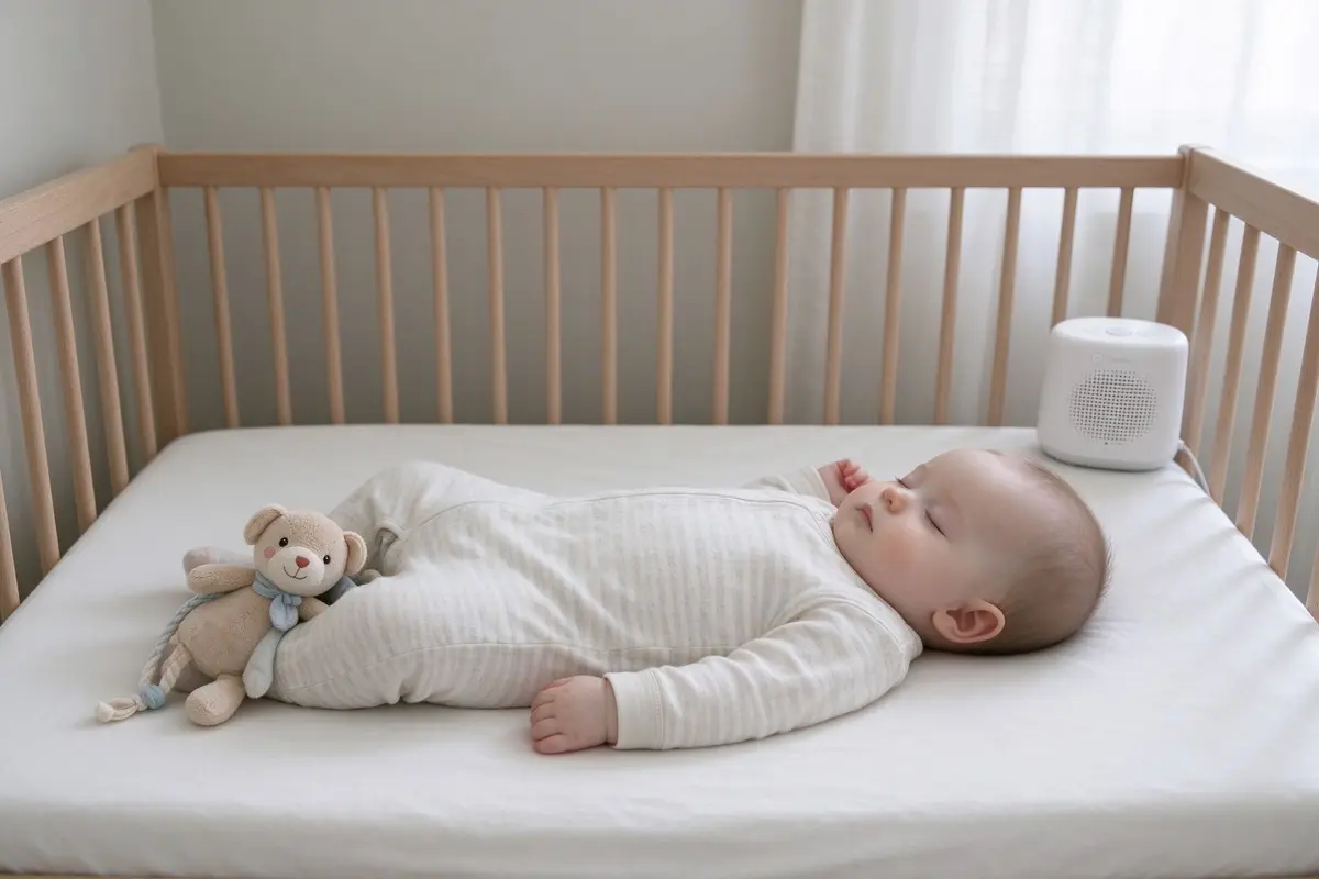 Sleeping baby lying on their back in a crib with a small lovey and white noise machine