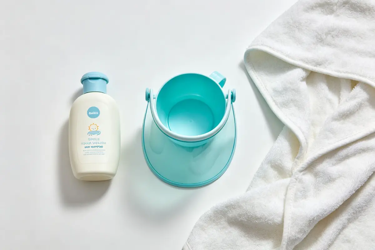 Baby hair washing essentials including gentle shampoo bottle, rinse cup with visor, and a soft towel on a clean white background