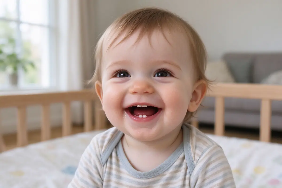A happy toddler showing a big smile with first teeth at home