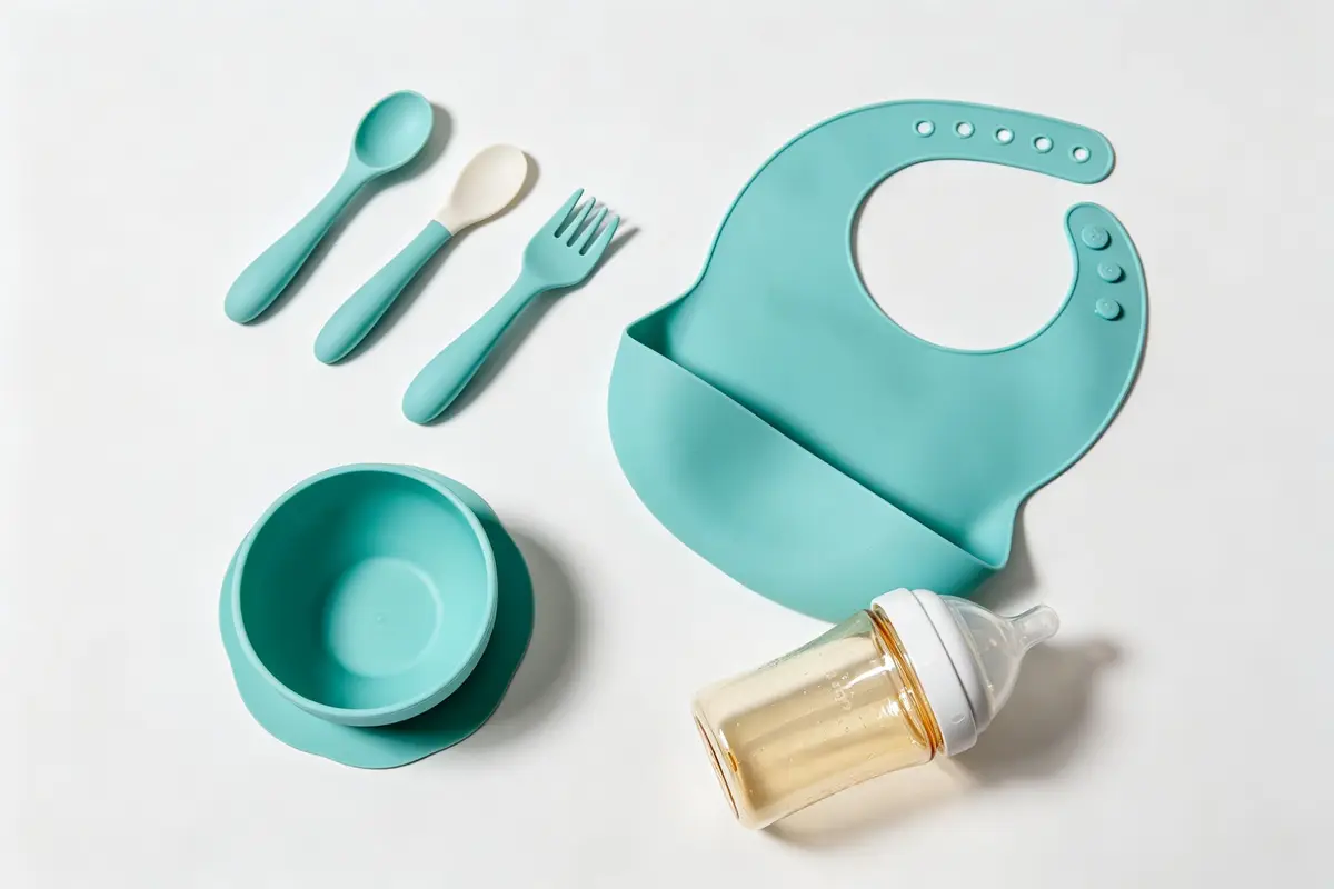 Baby feeding essentials including silicone suction bowl, soft spoon, fork, sippy cup, and silicone bib on a clean background