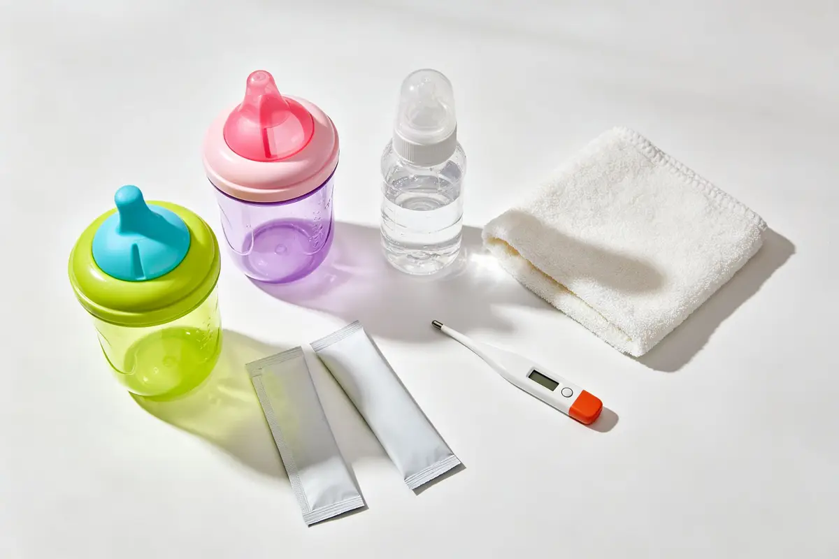 Baby hydration essentials including sippy cups, water bottle, and electrolyte packets