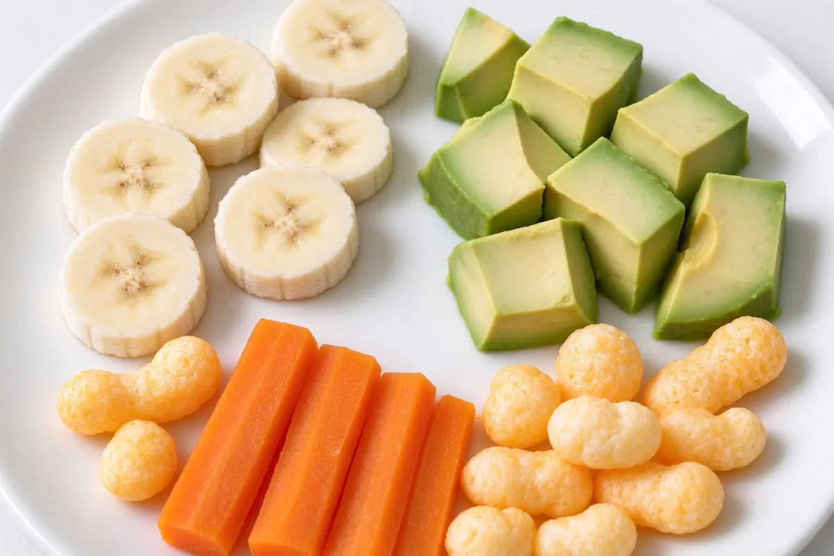 Close-up of healthy toddler snacks on a white plate: banana slices, avocado cubes, steamed carrot sticks, baby puffs