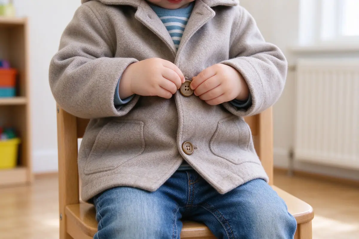 Close-up of toddler hands buttoning their own coat on a small wooden chair, independent dressing