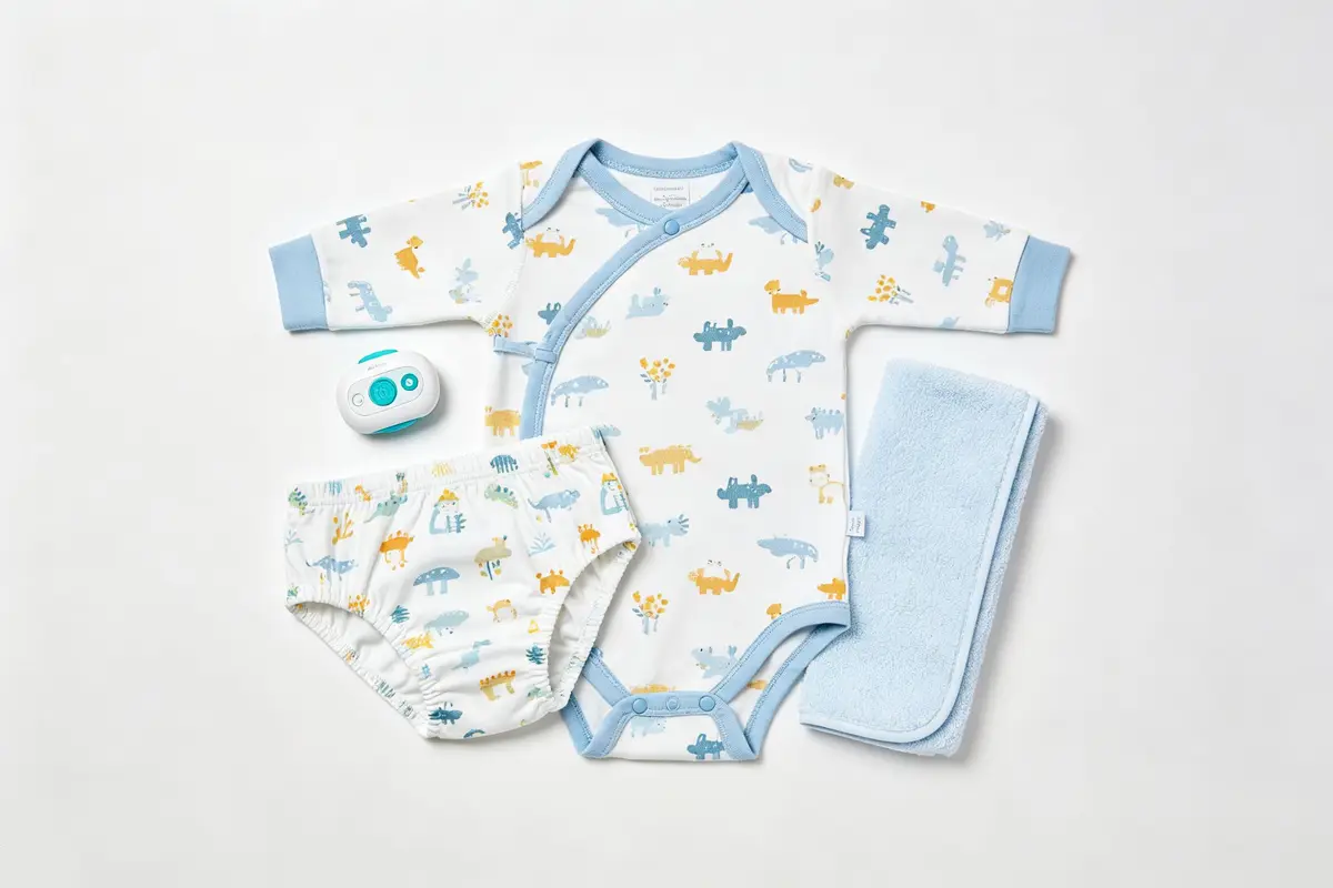 Toddler bedtime items including pajamas, training underwear, small towel, and gentle cloth on white background