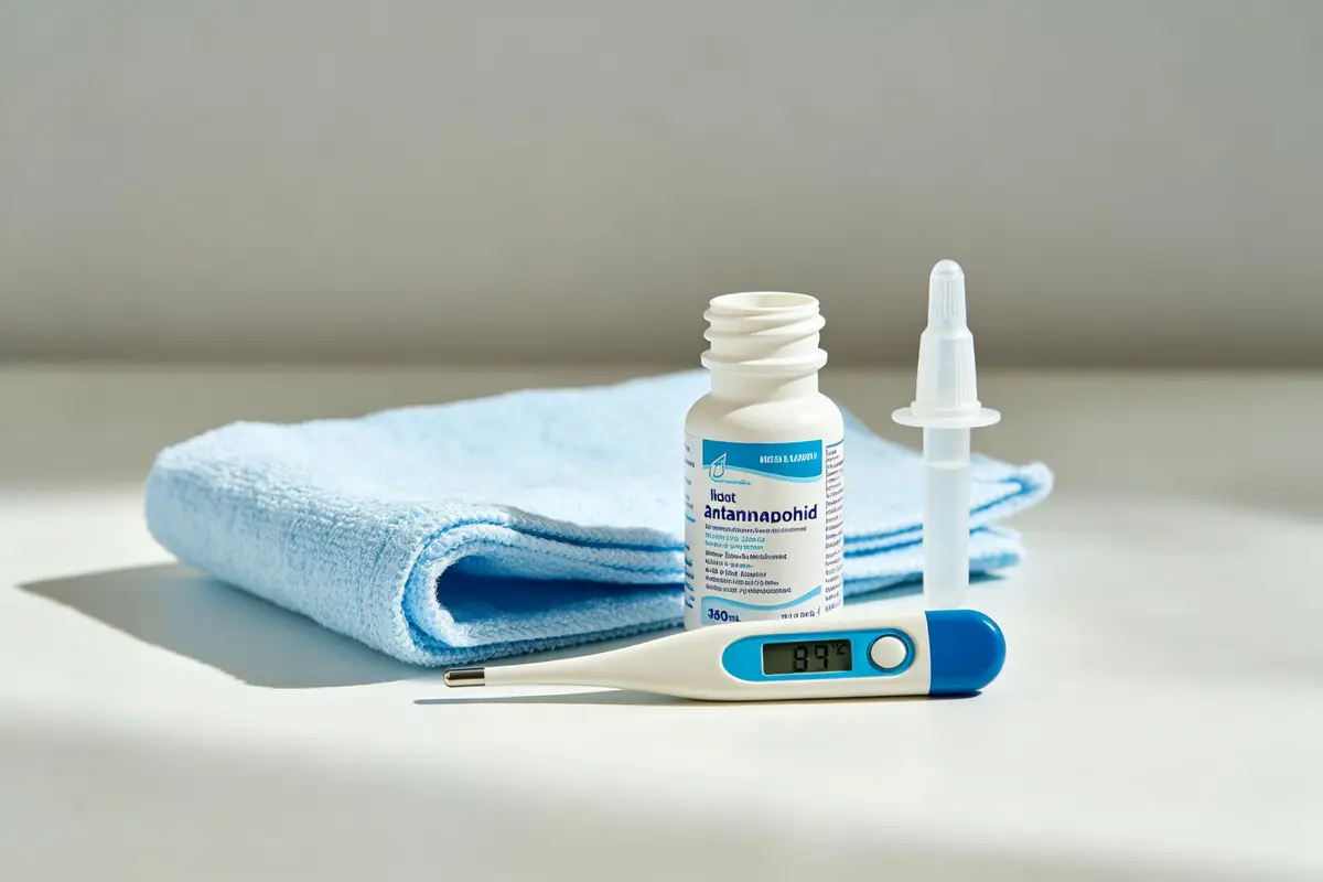 Digital thermometer, infant medicine dropper, and cool washcloth for baby fever care