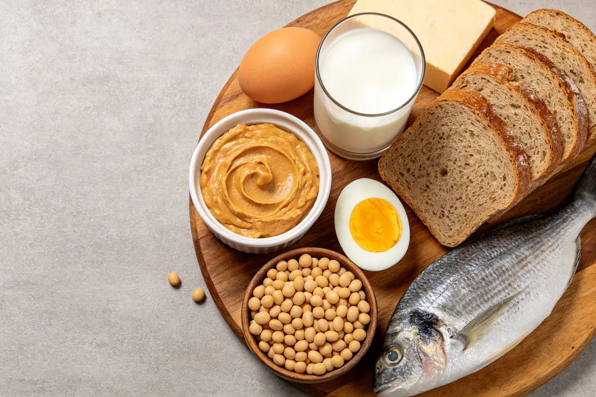 Variety of common allergenic foods: peanut butter, egg, milk, bread, fish, soybeans