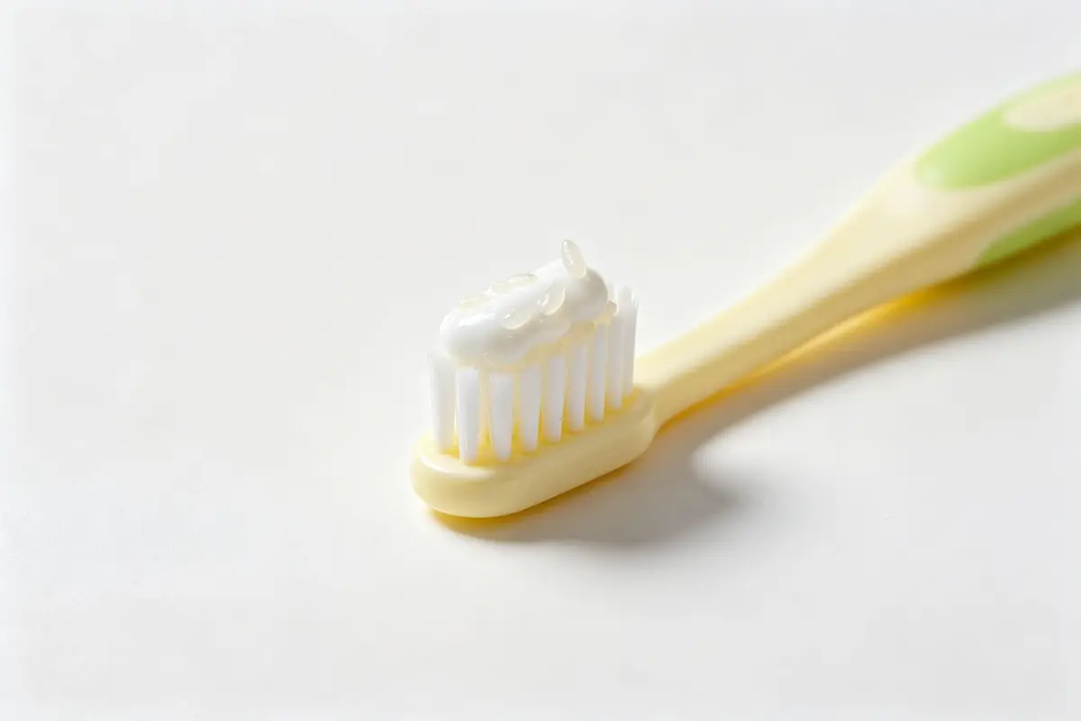 Soft infant toothbrush with rice-sized amount of fluoride toothpaste