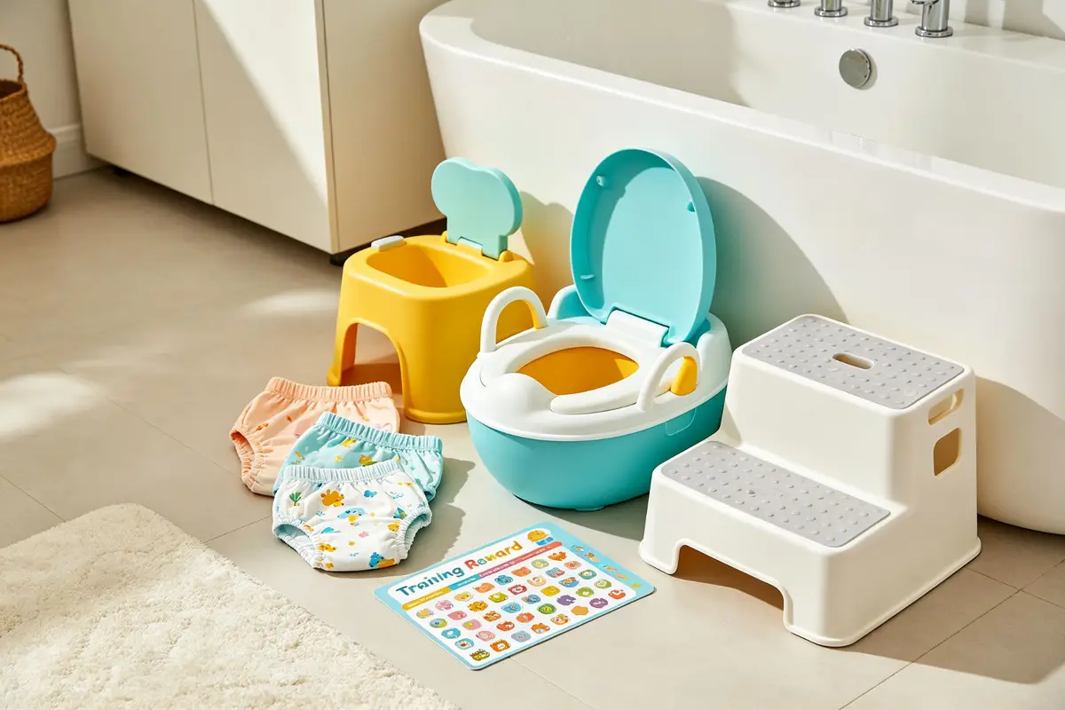 Potty training supplies: potty chair, training pants, sticker chart, step stool