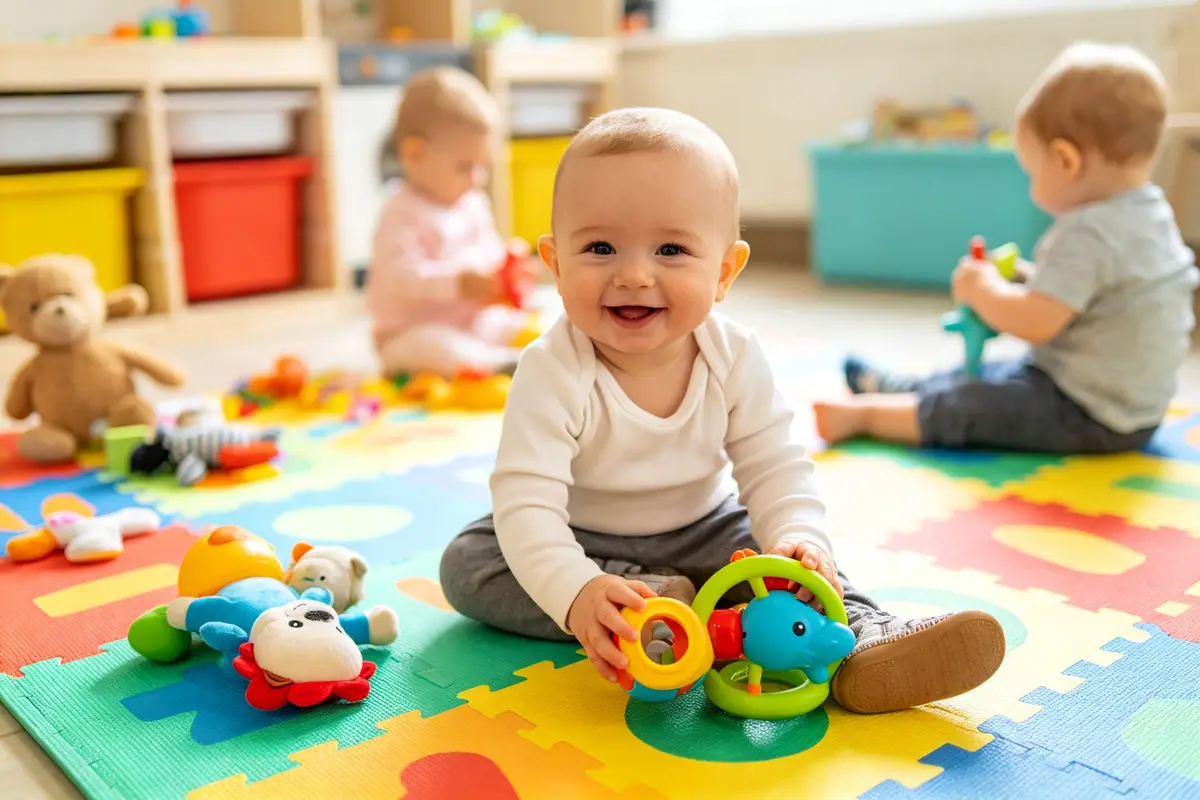 Happy baby playing with toys at daycare