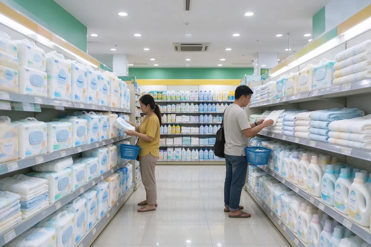 Modern baby product retail store interior with shelves of diapers and care products