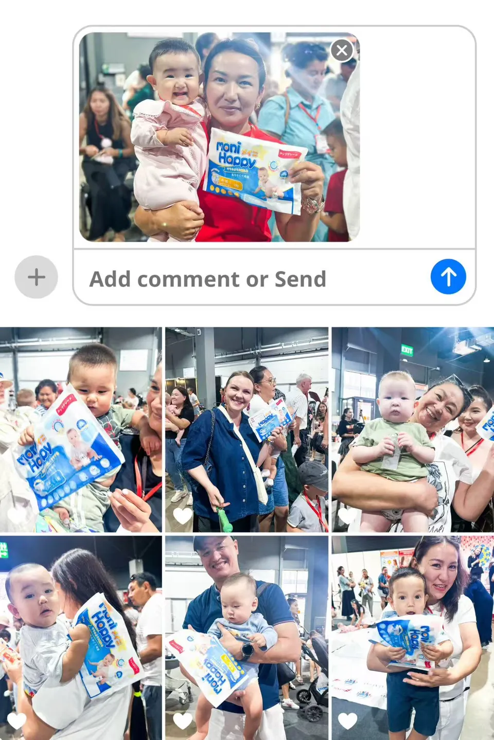 A collage of social-media check-in photos — Kazakhstani parents and babies proudly posing with Moni Happy diaper packs after the expo.