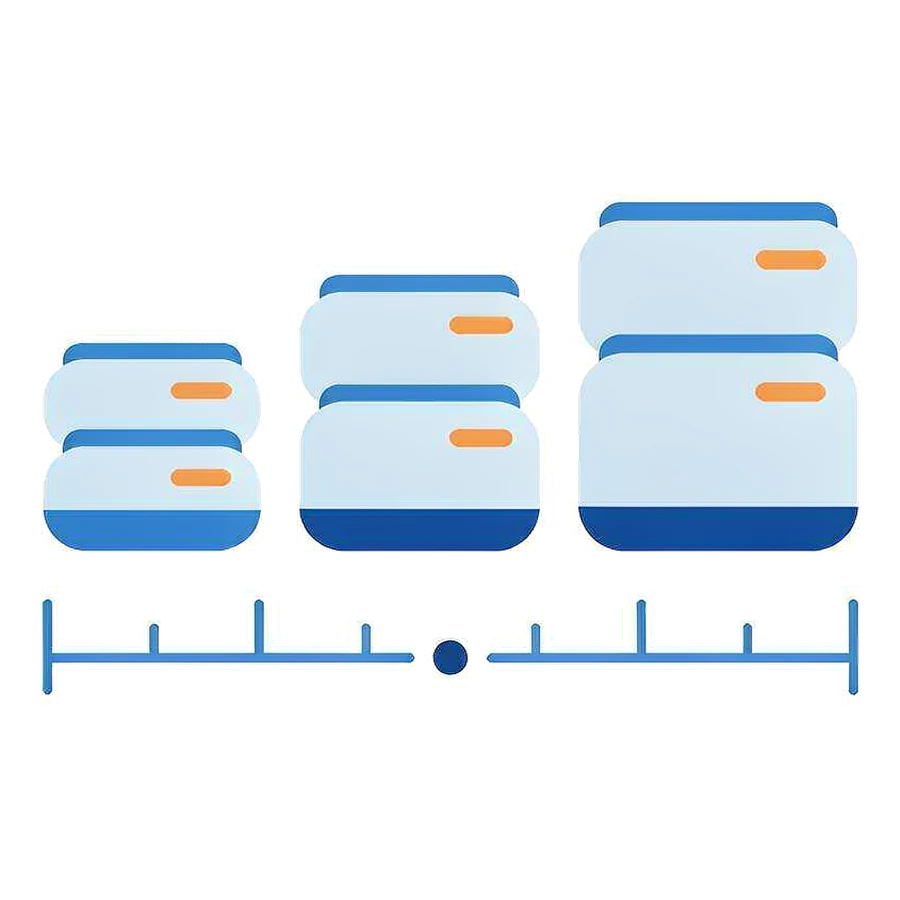 Illustration of three Moni Happy diaper packs in growing sizes standing on a measuring ruler